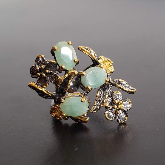 New EMERALD Sterling Silver Ring 925 Floral Artisan Gold Accents - Picture 10 of 15